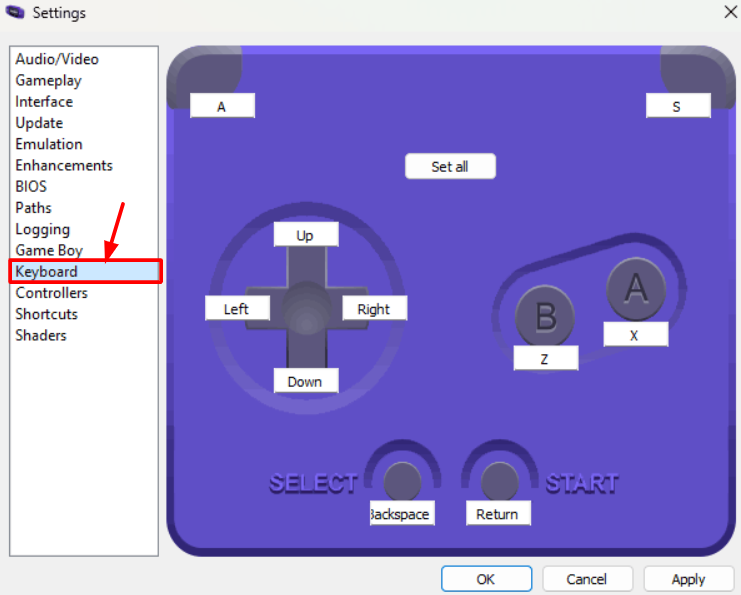 mgba settings keyboard