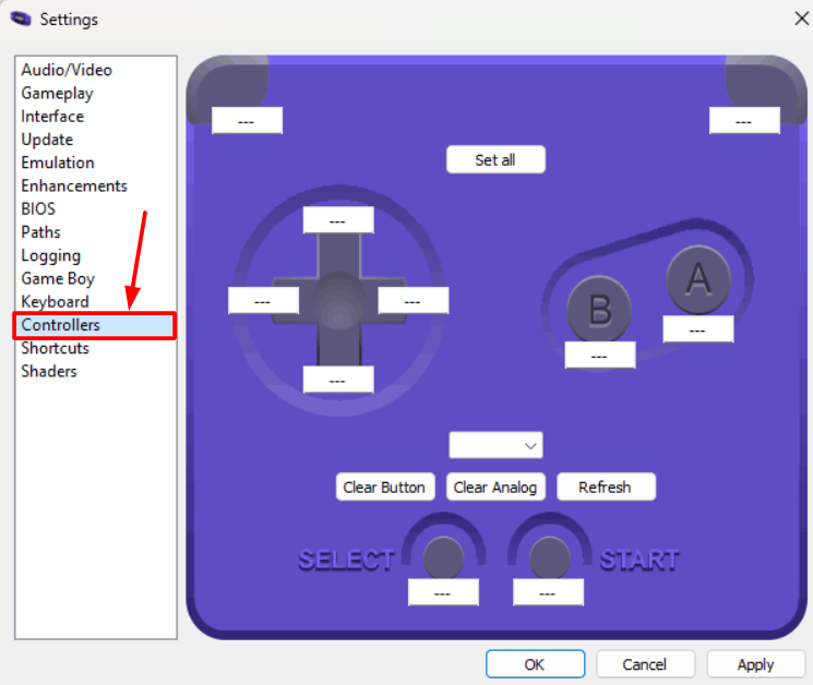 mgba settings controllers