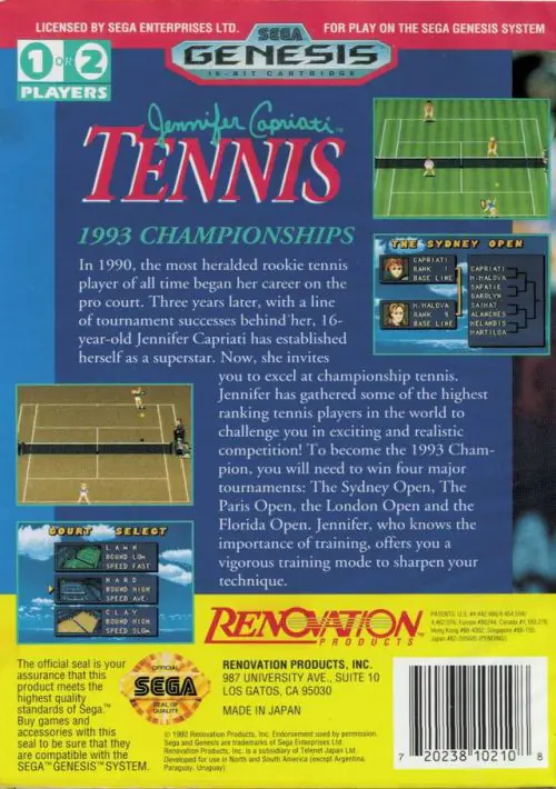 Jennifer Capriati Tennis ROM Download - Sega Genesis(Megadrive)